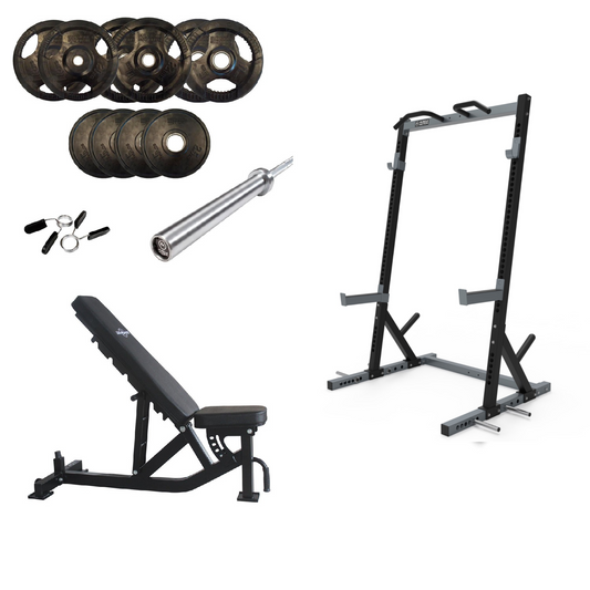 Muscle Motion Half Rack, Bench, Olympic Bar and Weights (Package Price)