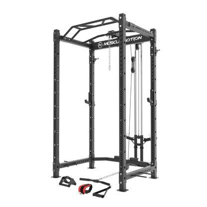 Muscle Motion PR1012 Package- Power Rack inc high low pulley+Bench+Bar+100kg Bumper weight Plates