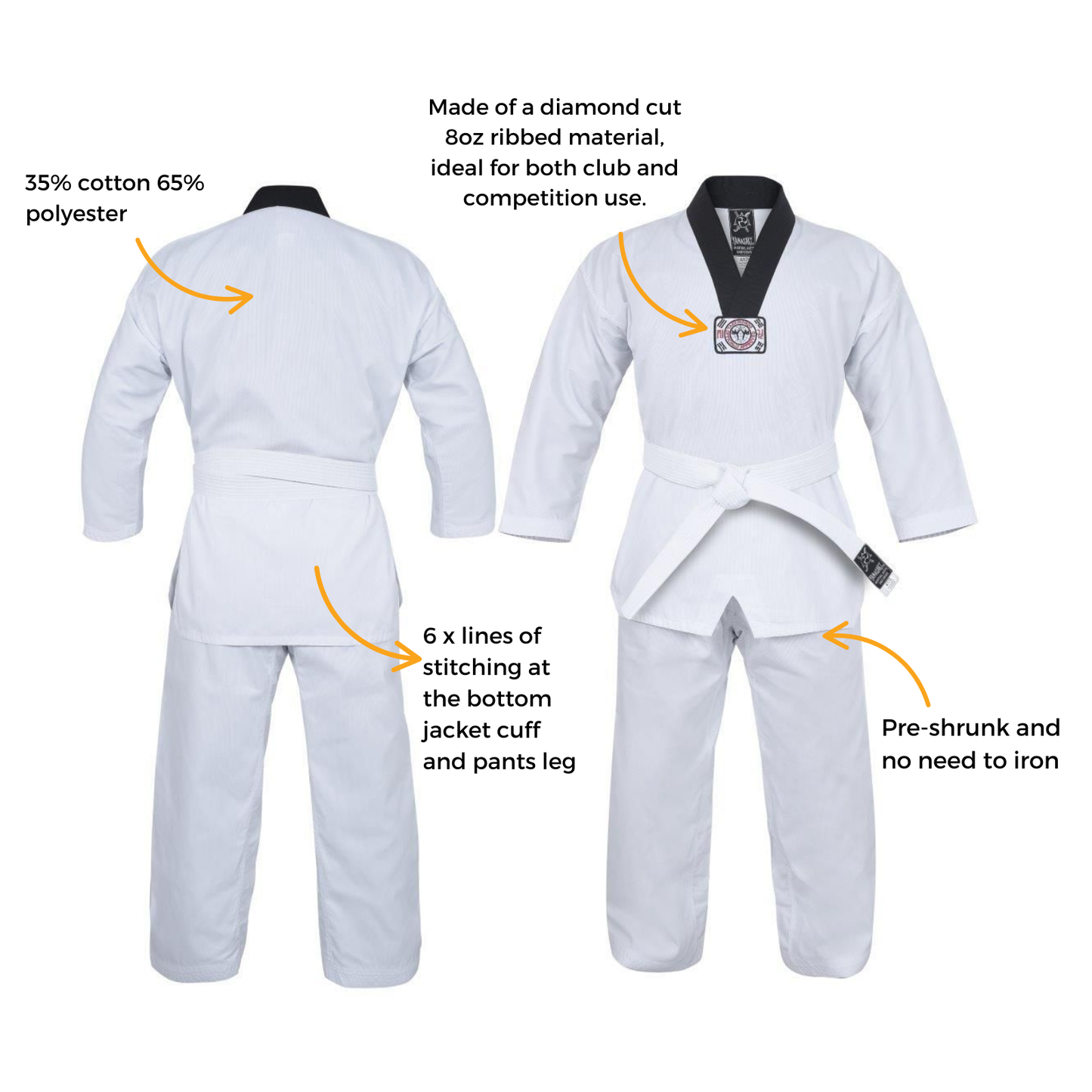 Yamasaki V2 Ribbed Taekwondo Uniform - Black V Neck - 8oz