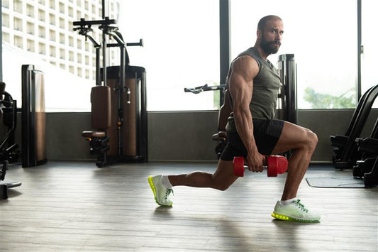 Man performing a lunge with dumbbells in a gym setting.