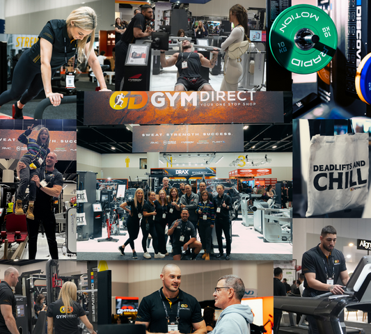 Collage of gym equipment, people interacting, and a fitness event atmosphere.