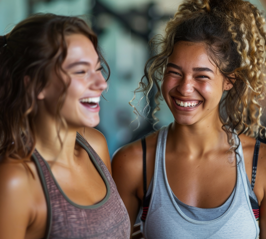 Two smiling women enjoying a moment together in a casual setting.