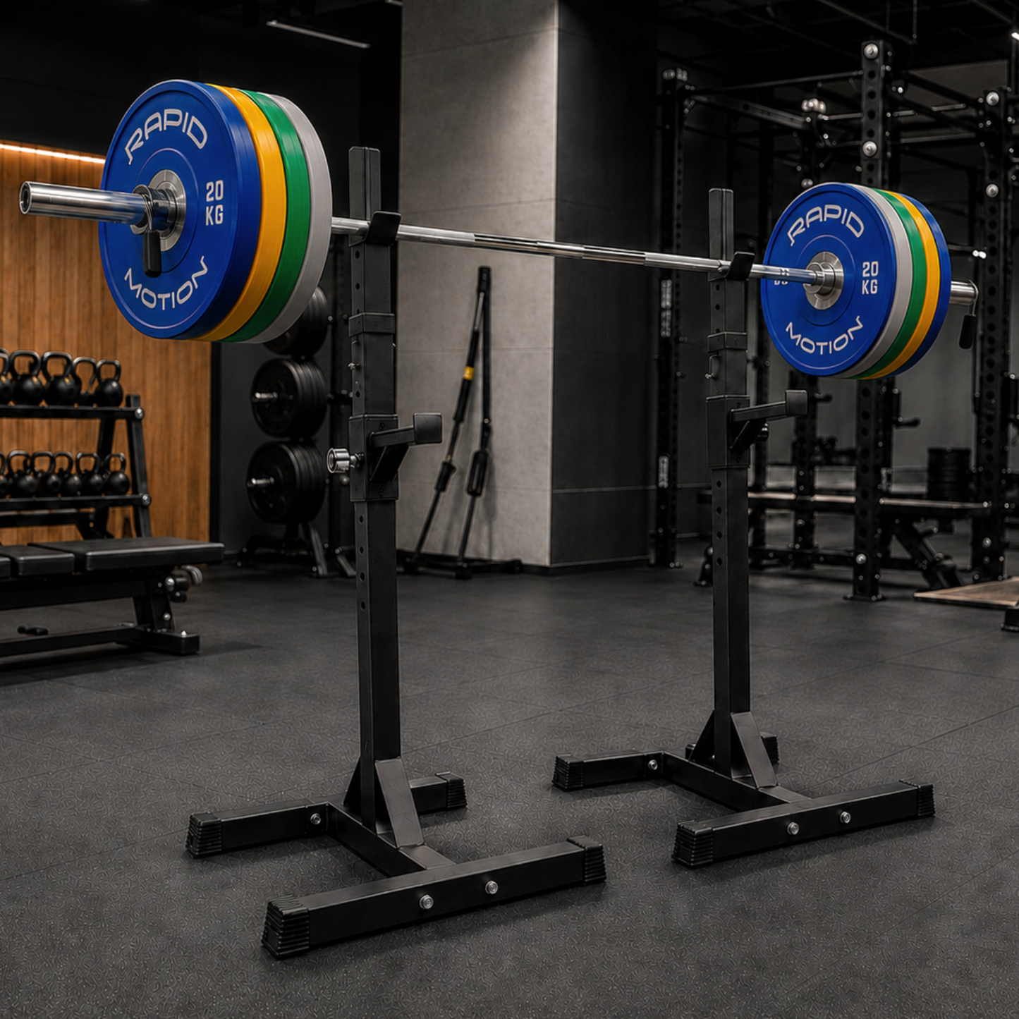Muscle Motion SST Pack - Squat Rack + Barbell + 100kg Bumper Weights