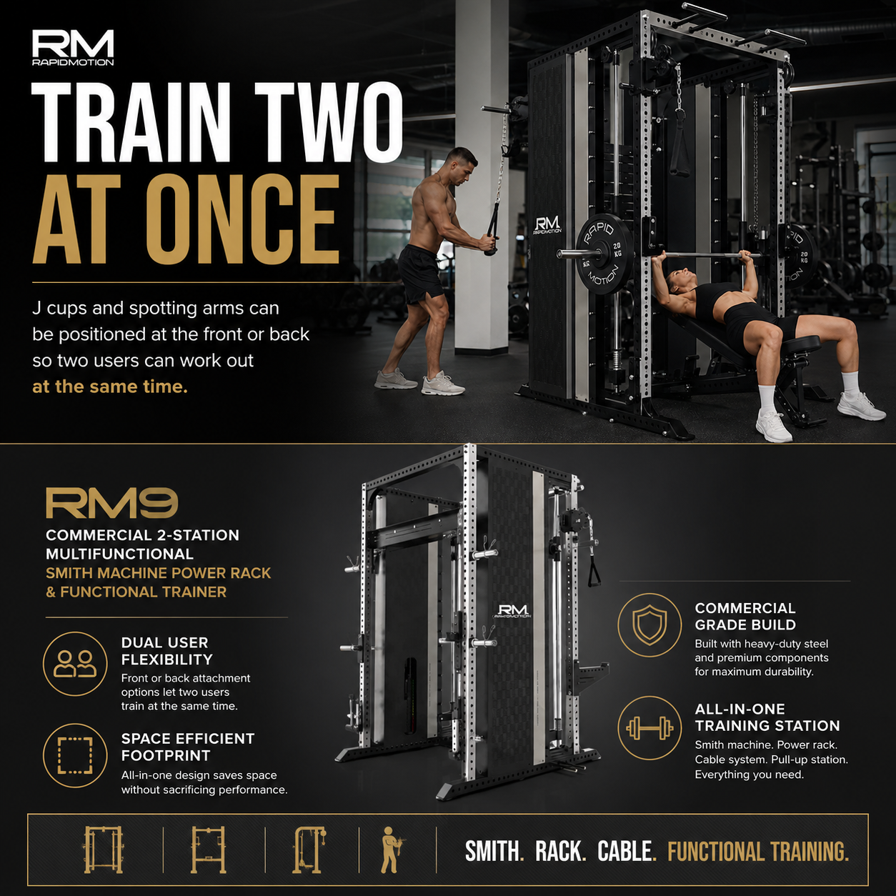 RMC GRAVIX Commercial RM9  Power Rack + Smith Machine + Functional Trainer