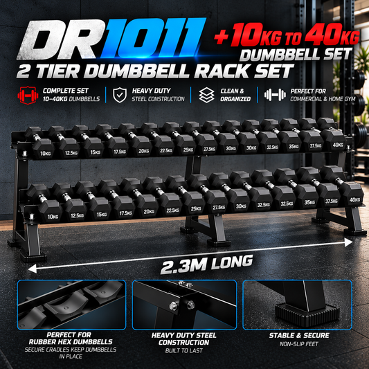 Muscle Motion Rubber Hex Dumbbell Set With 2 Tier Rack (10kg-40kg) (10 pair)