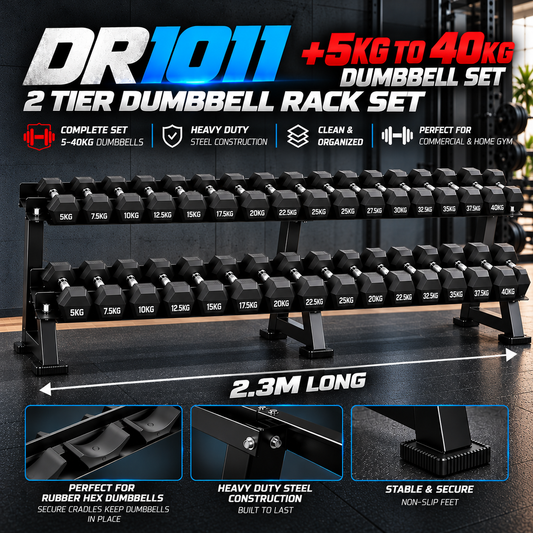 Muscle Motion Rubber Hex Dumbbell Set With 2 Tier Rack (5kg To 40kg) (12 Pairs)