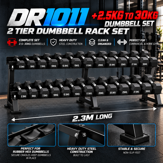 Muscle Motion Rubber Hex Dumbbell Set With 2 Tier Rack (2.5kg - 30kg) (12 Pairs)