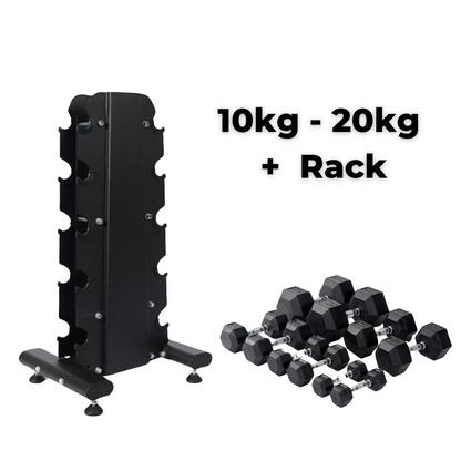 Muscle Motion Rubber Hex Dumbbells 10kg-20kg + Tower Rack DRV5T