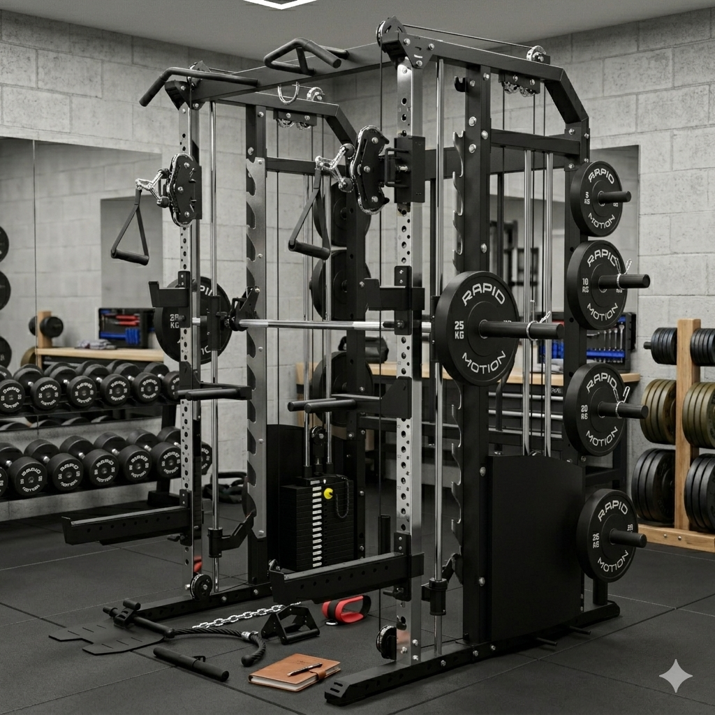 Rapid Motion FT1008 Commercial Smith Machine Power Rack and Functional Trainer 3 in 1