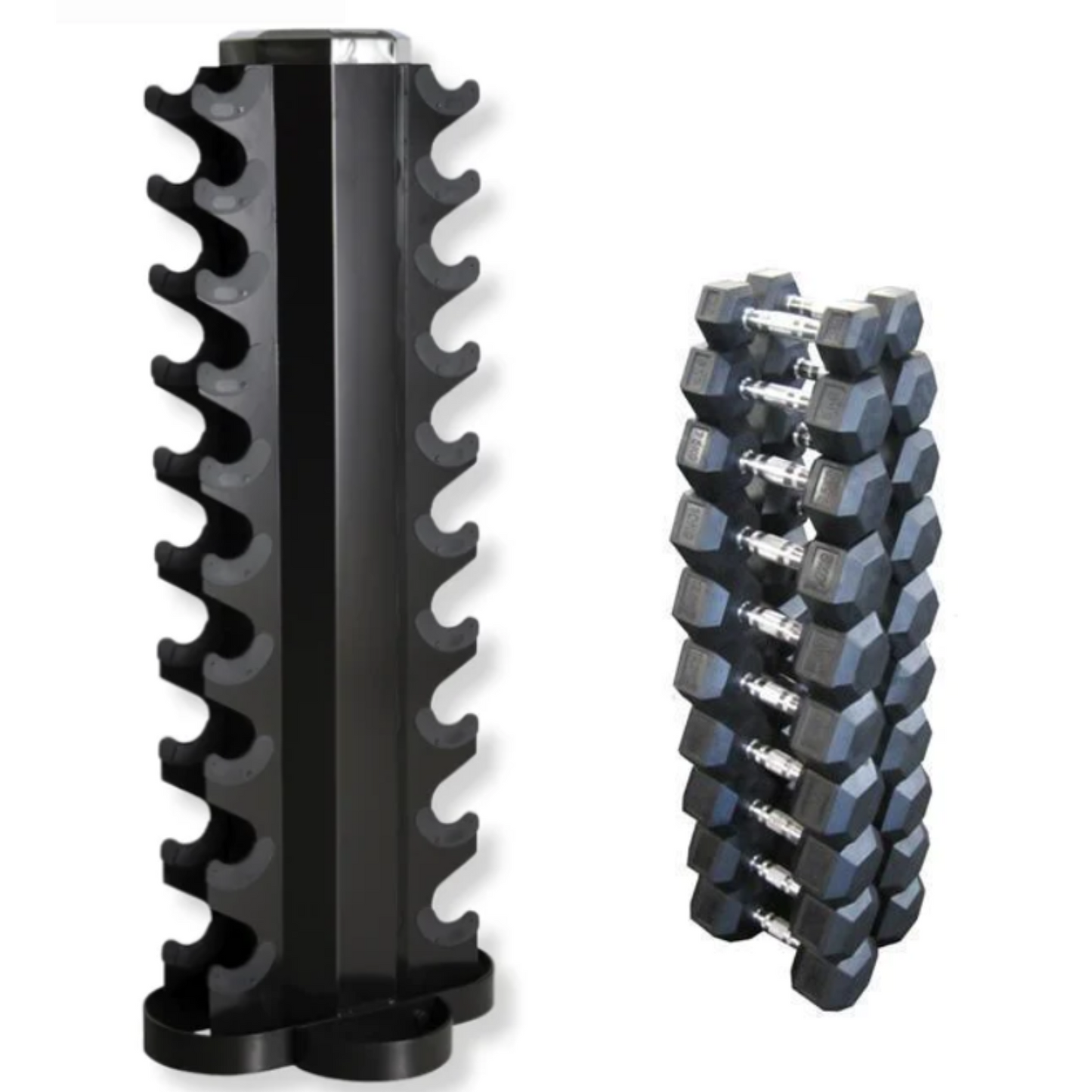Muscle Motion 10 Pairs Rubber Hex (1kg to 10kg) Dumbbell with Tower Rack-Gym Direct