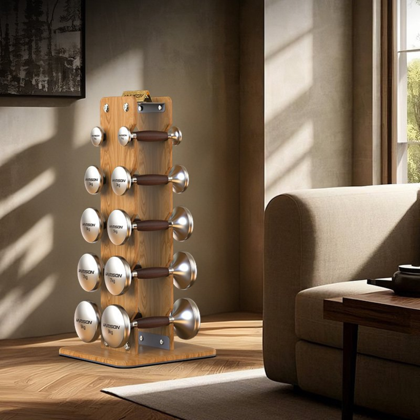 Harison HR-103A/103B Walnut and Stainless Steel Dumbbell Set