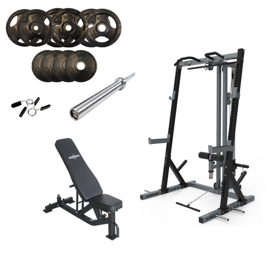 Muscle Motion Package Deal - HR1001 Half Rack & High Low Pulley, Adjustable Bench, Olympic Bar and 105kg Olympic Weights