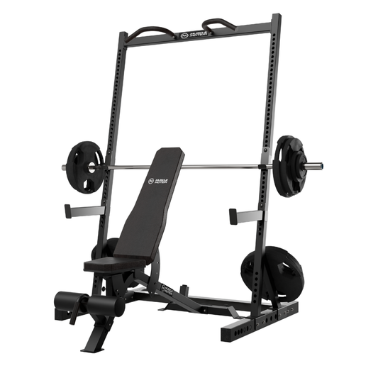 Muscle Motion Half Rack, Bench, Olympic Bar and Weights (Package Price)