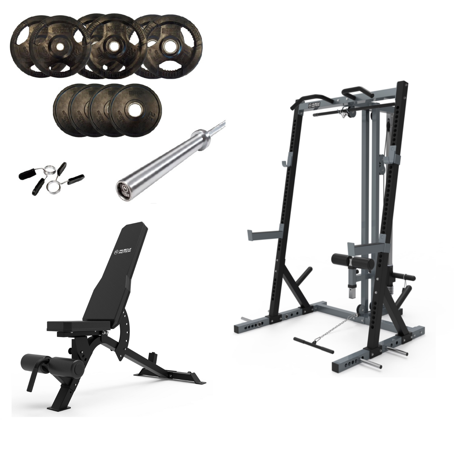Muscle Motion Package Deal - HR1001 Half Rack & High Low Pulley, Adjustable Bench, Olympic Bar and 105kg Olympic Weights