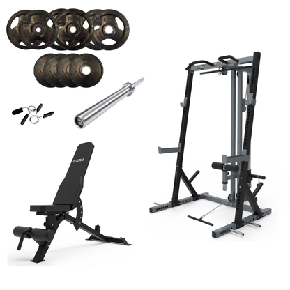 Muscle Motion Package Deal - HR1001 Half Rack & High Low Pulley, Adjustable Bench, Olympic Bar and 105kg Olympic Weights