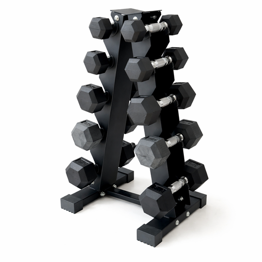 Muscle Motion 5 Pairs Rubber Hex (1kg to 5kg) Dumbbell with Rack