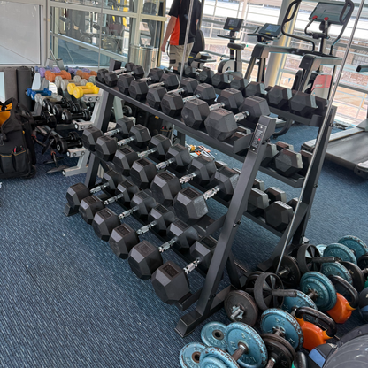 Muscle Motion 2.5kg - 25kg (10 pair) Rubber Hex Dumbbell Set with 3 Tier Rack