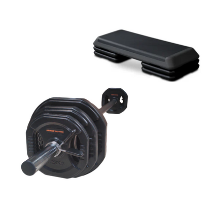 20kg Std Black Rubber Barbell Pump Set with Aerobic Step-Standard Barbell + Plates Pump Set-Gym Direct