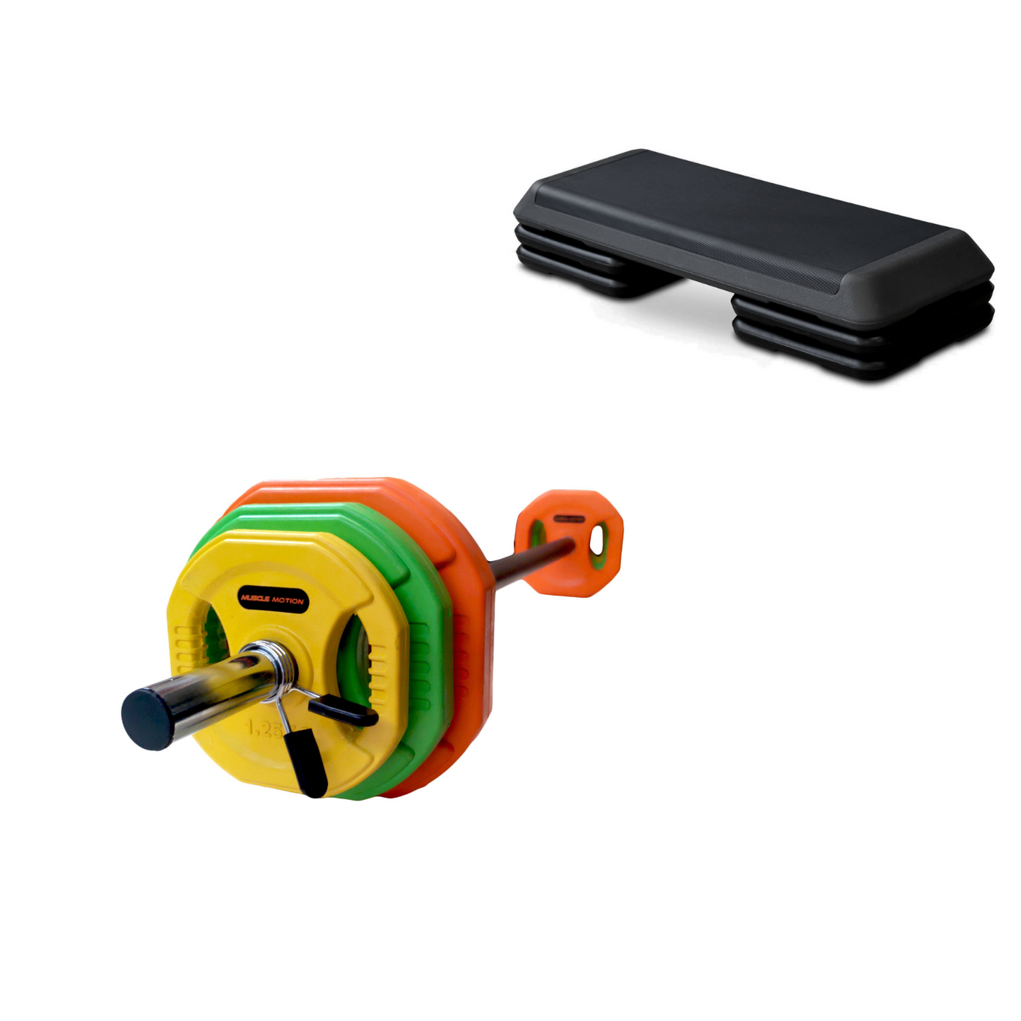 Muscle Motion 20kg Standard Rubber Coloured Barbell Pump Set plus Aerobic Step Package (Package Price)
