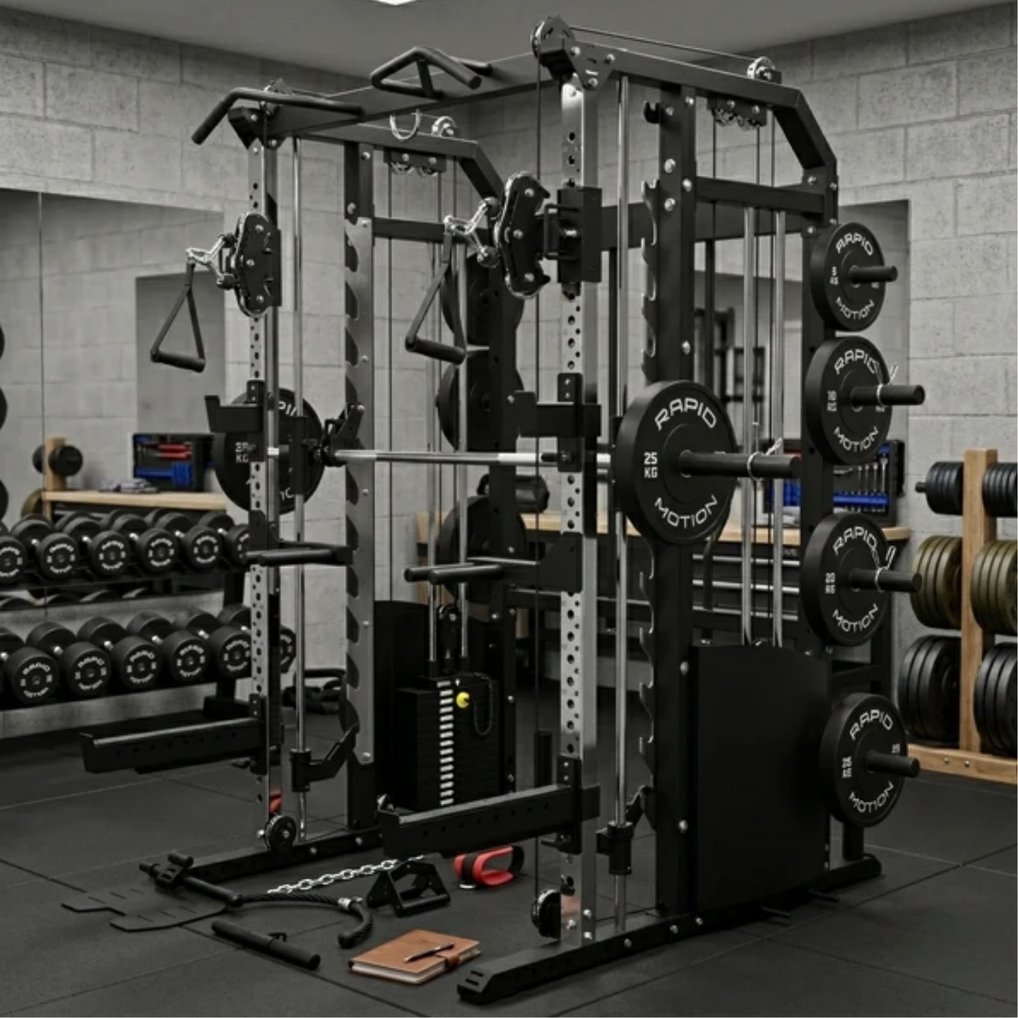 Rapid Motion FT1008 Commercial Smith Machine Power Rack and Functional Trainer 3 in 1