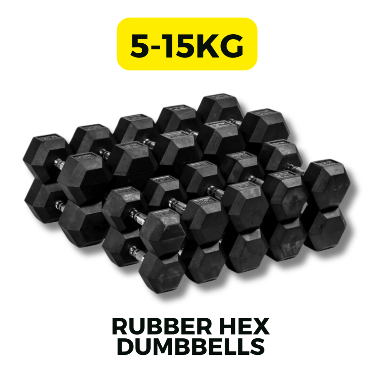5kg-15kg (8 pair) Rubber Hex Dumbbell Set with 2 Tier Rack