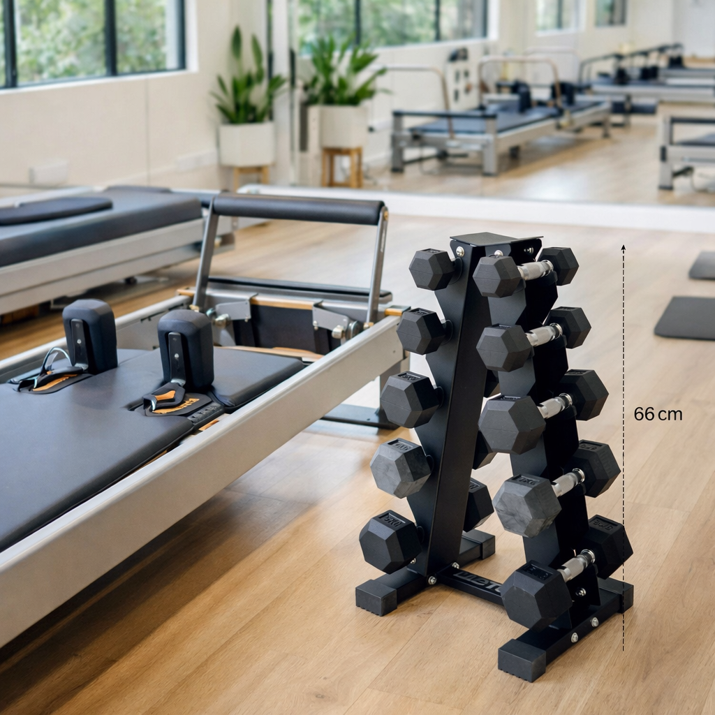 Muscle Motion 5 Pairs Rubber Hex (1kg to 5kg) Dumbbell with Rack