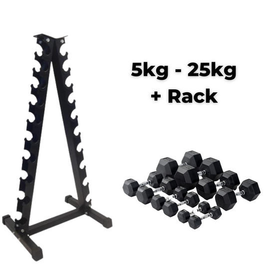 Muscle Motion 9 Pairs Rubber Hex (5kg to 25kg) Dumbbell with Rack