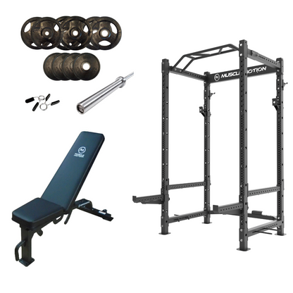 Muscle Motion PR1012 Package - Power Rack + Bench + Bar + 77.5kg Olympic weights