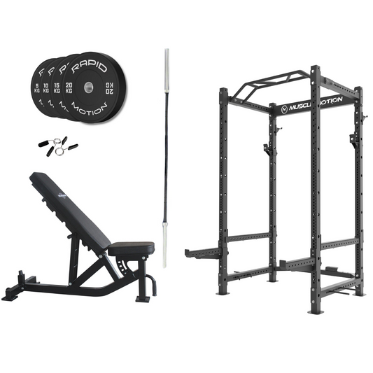 Muscle Motion PR1012 Package- Power Rack + Bench + Bar + 100kg Bumper Weight Plates