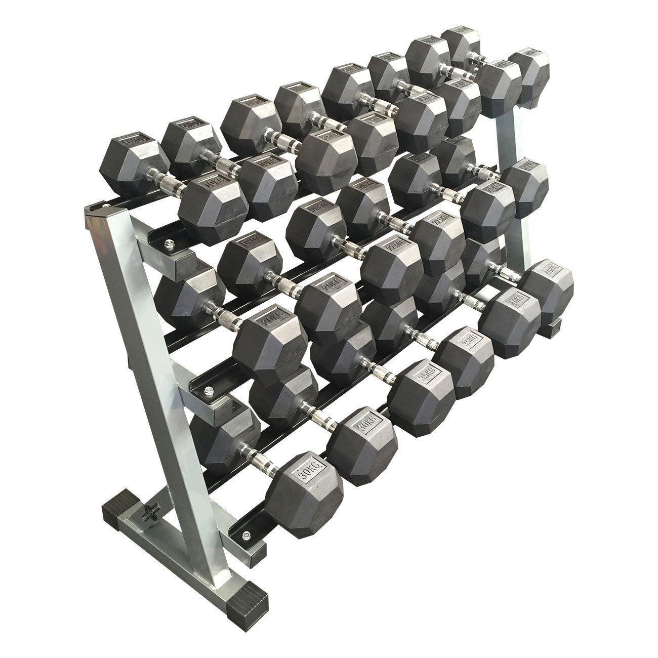 Cheap Rubber Hex dumbbell 10kg - 40kg 3 tier rack _Gym Direct-Rubber Hex Dumbbell Package-Gym Direct