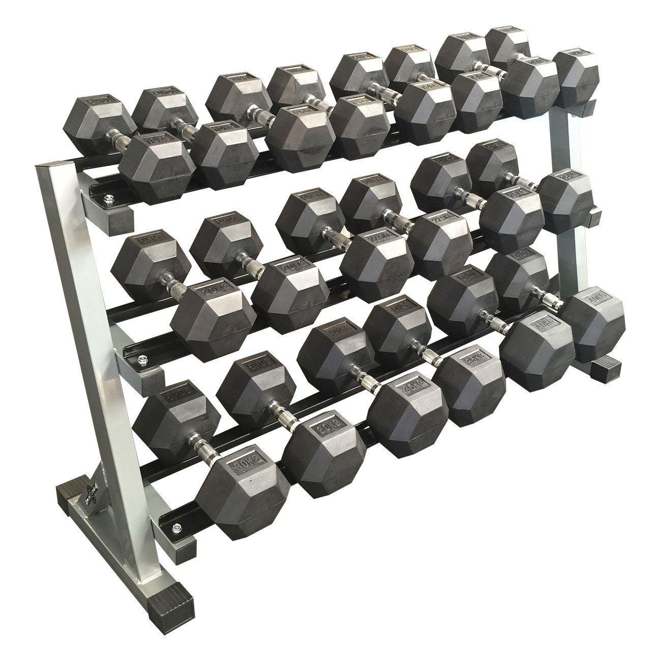 Cheap Rubber Hex dumbbell 10kg - 40kg 3 tier rack _Gym Direct-Rubber Hex Dumbbell Package-Gym Direct