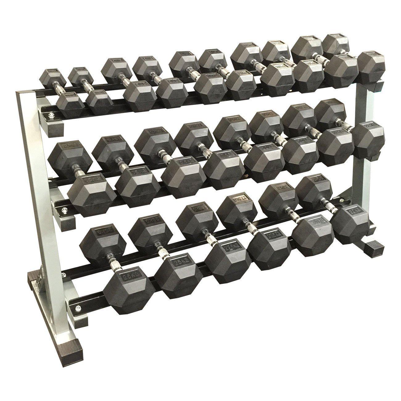 2.5kg 30kg 12 PAIR Rubber Hex Dumbbell Set with 3 Tier Rack at GD