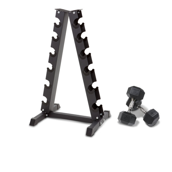 Muscle Motion 6 Pairs Rubber Hex Dumbbells (5kg To 20kg) With Rack